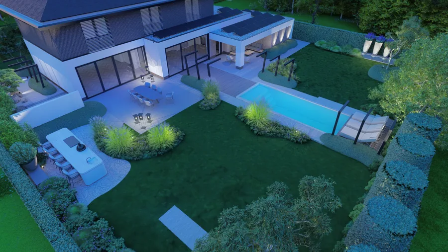Villatuin met langwerpig zwembad, buitenkeuken en strakke terrasindeling